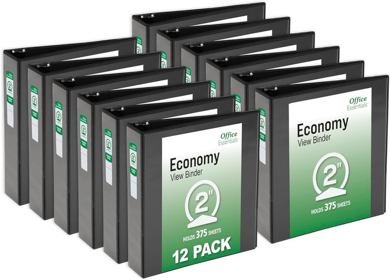 Office Essentials Economy View 3 Ring Binders, 2" Round Rings, 2.8" Spine, 375-Sheet Capacity, Black Binders, Ideal for Occasional Use and Light Referencing (12-Pack of 03429) - Image 1